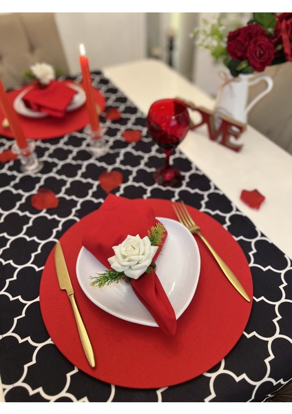 2kişilik Siyah Kırmızı Moroccan Desen Sevgililer Günü Masası Seti Romantik 14 Şubat Ranır Peçetelik