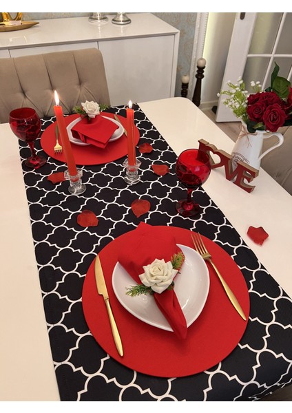 2kişilik Siyah Kırmızı Moroccan Desen Sevgililer Günü Masası Seti Romantik 14 Şubat Ranır Peçetelik