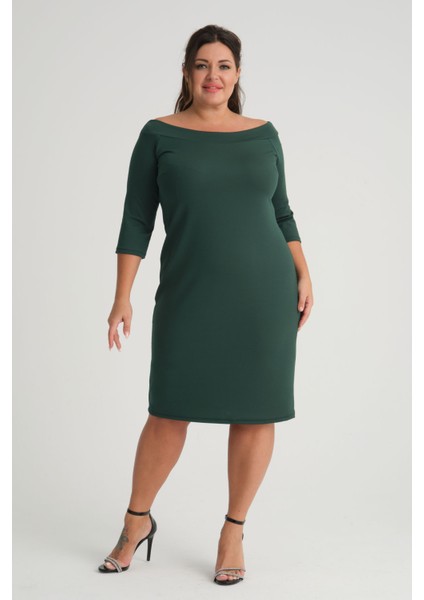 Kadın Yeşil Carmen Yaka Truvakar Kol Büyük Beden Esnek Krep Elbise