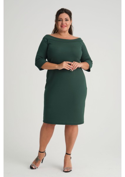 Kadın Yeşil Carmen Yaka Truvakar Kol Büyük Beden Esnek Krep Elbise fiyatları