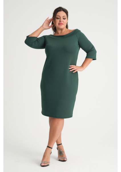 Kadın Yeşil Carmen Yaka Truvakar Kol Büyük Beden Esnek Krep Elbise modelleri