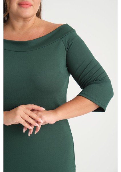 Kadın Yeşil Carmen Yaka Truvakar Kol Büyük Beden Esnek Krep Elbise fırsatları