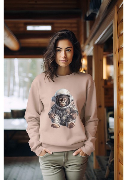 Sevimli Astronot Tarz Kadın Bisiklet Yaka Sweatshirt