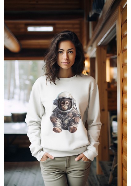 Sevimli Astronot Tarz Kadın Bisiklet Yaka Sweatshirt