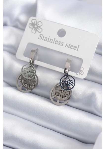 E-Bijuteri Çelik Gümüş Renk Sallantı Yaşam Ağacı Model Kadın Küpe