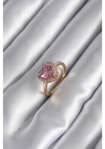 Pirinç Gold Renk Pembe Zirkon Taş Kalp Model Kadın Yüzük