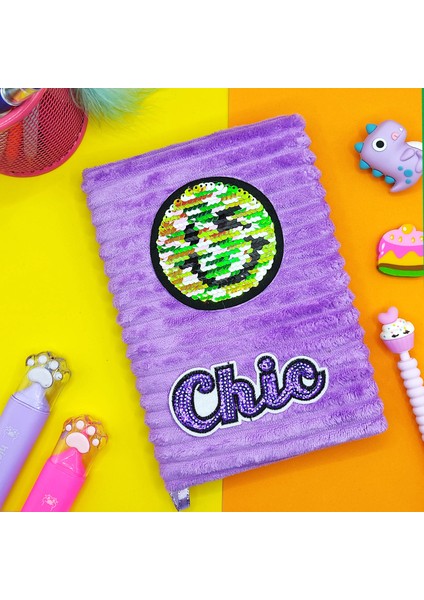 Peluş Pullu Not Defteri 20 x 13 cm 60 Yaprak Gülenyüz Mor