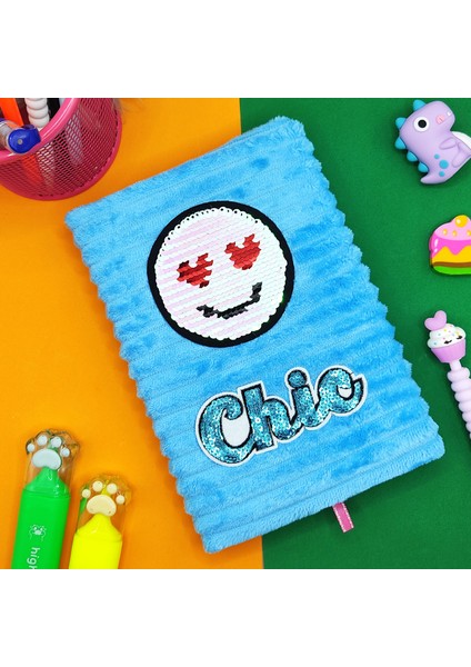 Peluş Pullu Not Defteri 20 x 13 cm 60 Yaprak Kalpli Gülenyüz Mavi
