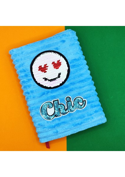 Peluş Pullu Not Defteri 20 x 13 cm 60 Yaprak Kalpli Gülenyüz Mavi