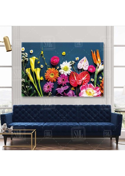 Taze Çiçek Buketi Çeşitli Çiçeklerden Aranjman Yatay Kanvas Tablo