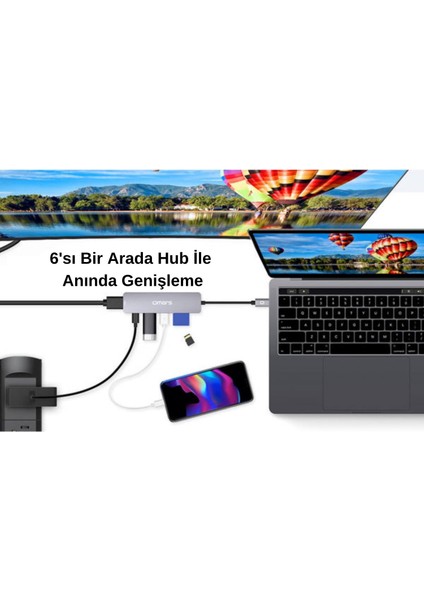 6 Port Type-C USB 3.1 Pd 4K HDMI Video Transferi Sd/tf Kart Uyumlu Hub Dönüştürücü Adaptör