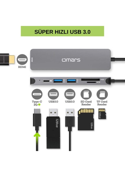 6 Port Type-C USB 3.1 Pd 4K HDMI Video Transferi Sd/tf Kart Uyumlu Hub Dönüştürücü Adaptör