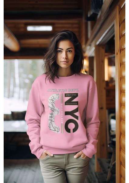 Premium Nyc Tarz Baskılı Kadın Bisiklet Yaka Sweatshirt