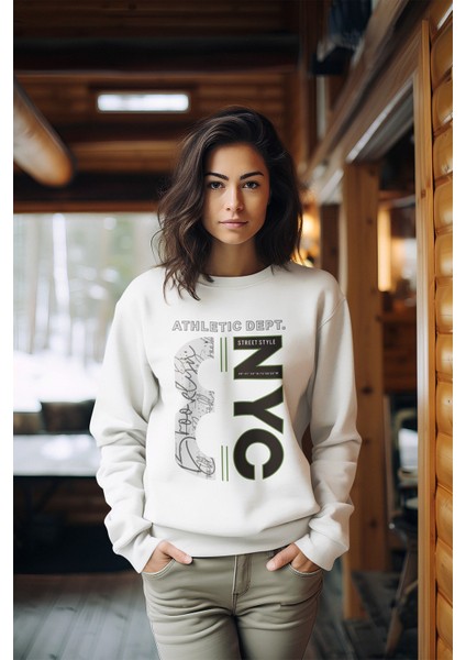 Premium Nyc Tarz Baskılı Kadın Bisiklet Yaka Sweatshirt