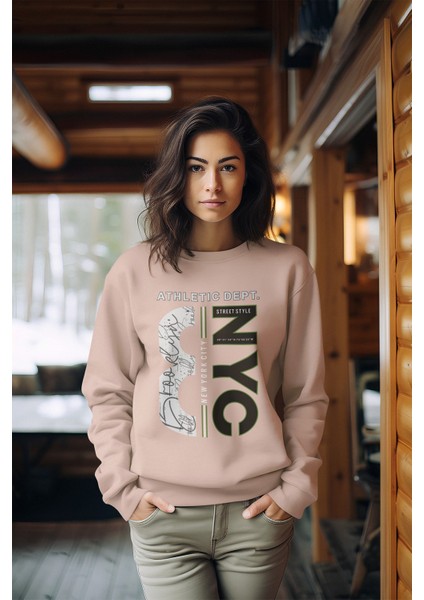 Premium Nyc Tarz Baskılı Kadın Bisiklet Yaka Sweatshirt modelleri
