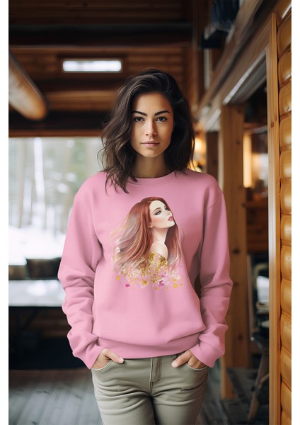 Premium Tarz Baskılı Kadın Bisiklet Yaka Sweatshirt