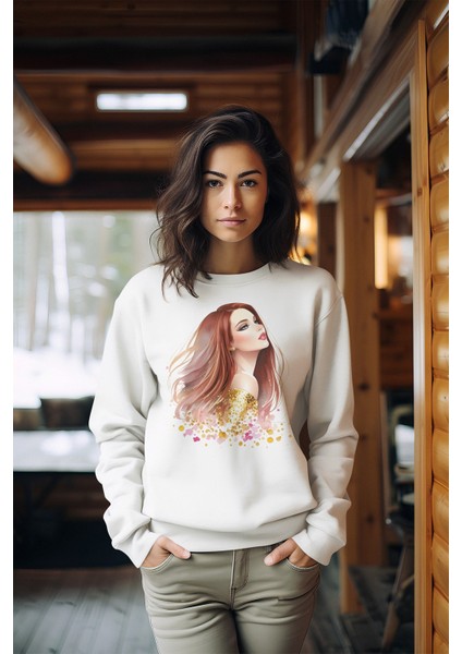 Premium Tarz Baskılı Kadın Bisiklet Yaka Sweatshirt