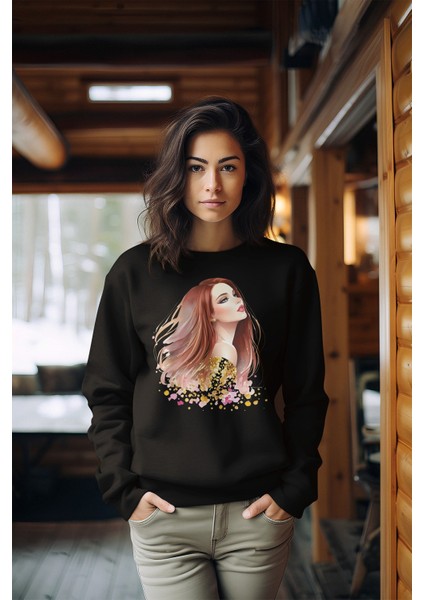 Premium Tarz Baskılı Kadın Bisiklet Yaka Sweatshirt