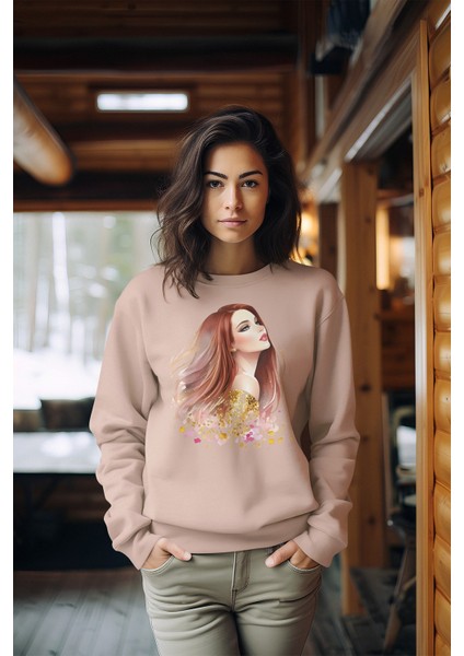 Premium Tarz Baskılı Kadın Bisiklet Yaka Sweatshirt