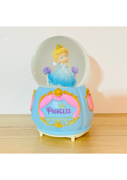 Prenses Model Büyük Boy Işıklı Müzikli Püskürtmeli Kar Küresi Mavi