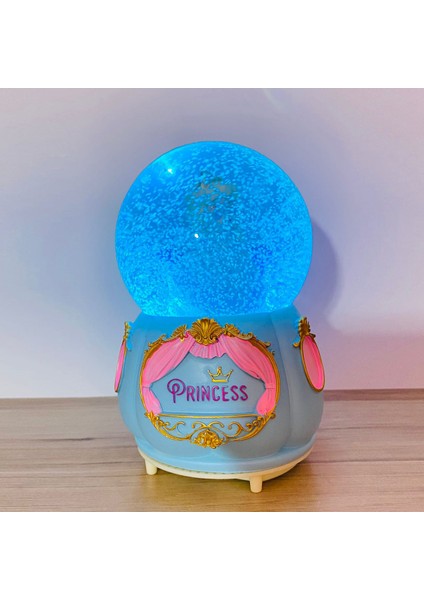 Prenses Model Büyük Boy Işıklı Müzikli Püskürtmeli Kar Küresi Mavi modelleri