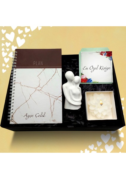 Sevgililer Günü Temalı Kişiye Özel Telli Defter & Dekoratif Biblo & Çiçek Temalı Mum Hediye Seti