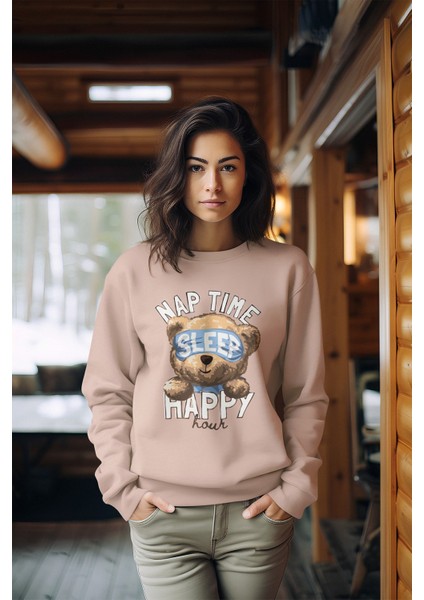 Premium Uykucu Boho Baskılı Tarz Kadın Bisiklet Yaka Sweatshirt