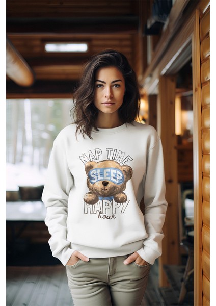 Premium Uykucu Boho Baskılı Tarz Kadın Bisiklet Yaka Sweatshirt