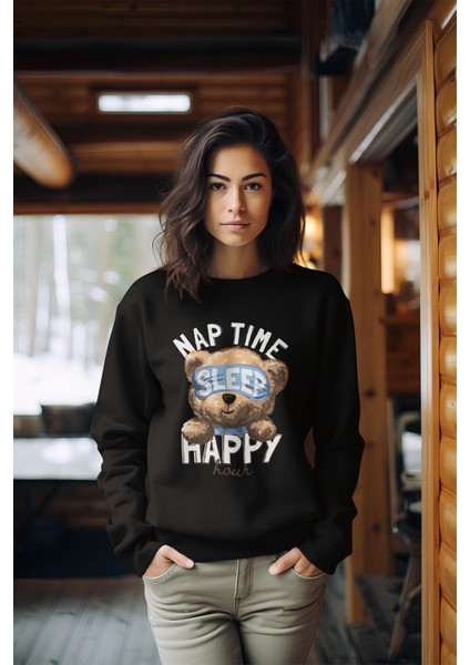Premium Uykucu Boho Baskılı Tarz Kadın Bisiklet Yaka Sweatshirt