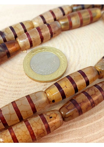 3 Şeritli Tibet Akik Taşı Silindir Kesim 9X30MM/ADET (45780-1)