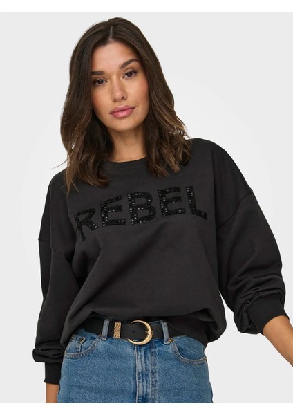 Kadın Bisiklet Yaka Taşlı Sweatshirt - 15310260