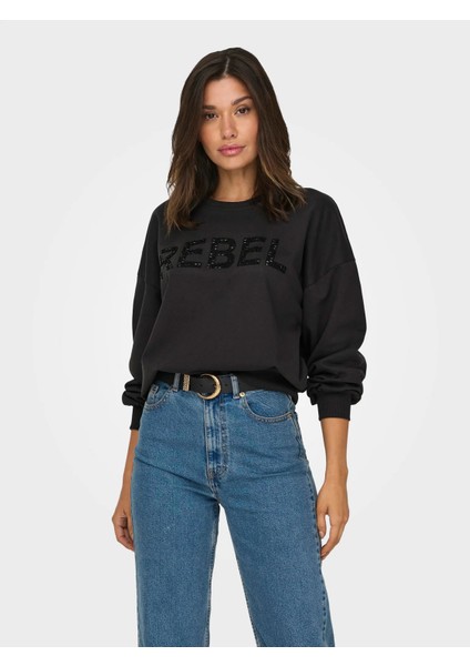 Kadın Bisiklet Yaka Taşlı Sweatshirt - 15310260