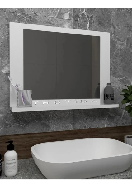 Raflı Ayna, Etajer,  Dresuar, 60X45 Beyaz Raflı Banyo Aynası