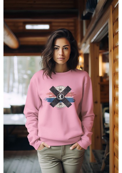 Premium Snowboar Dünyası Baskılı Tarz Kadın Bisiklet Yaka Sweatshirt