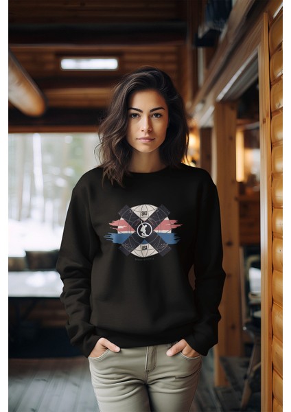 Premium Snowboar Dünyası Baskılı Tarz Kadın Bisiklet Yaka Sweatshirt