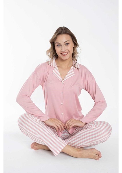 Kadın Gömlek Yaka Önden Düğmeli Mevsimlik Uzun Kol Pijama Takımı