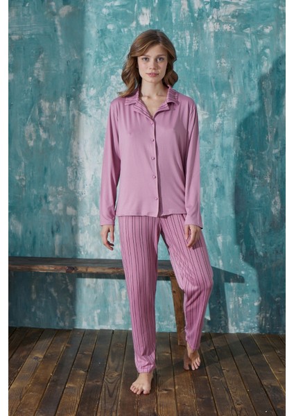 Kadın Gömlek Yaka Önden Düğmeli Mevsimlik Uzun Kol Milan Pijama Takımı