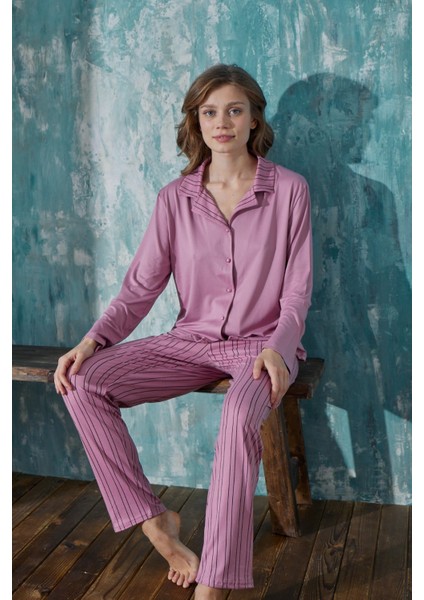 Kadın Gömlek Yaka Önden Düğmeli Mevsimlik Uzun Kol Milan Pijama Takımı modelleri
