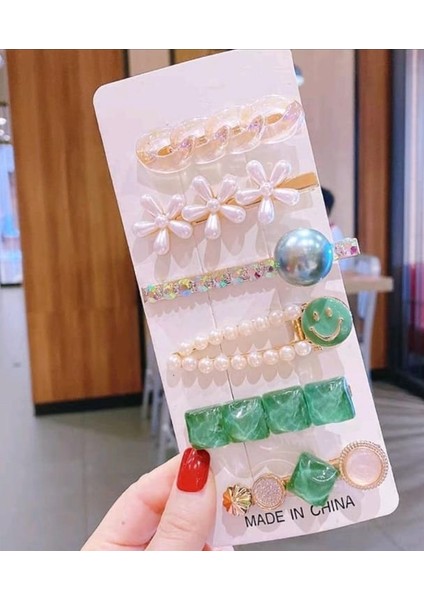 6'lı Gülen Yüz Papatya Taşlı Model Yeşil Renk Kadın Set Toka