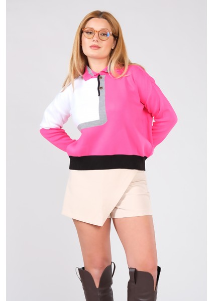 Kadın Polo Yaka Çift Renk Oversize Kazak Fuşya