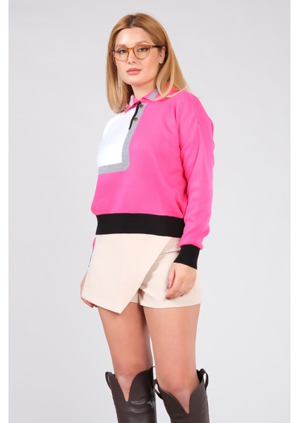Kadın Polo Yaka Çift Renk Oversize Kazak Fuşya