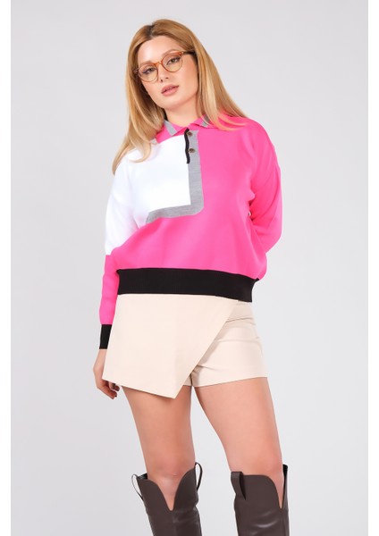Kadın Polo Yaka Çift Renk Oversize Kazak Fuşya