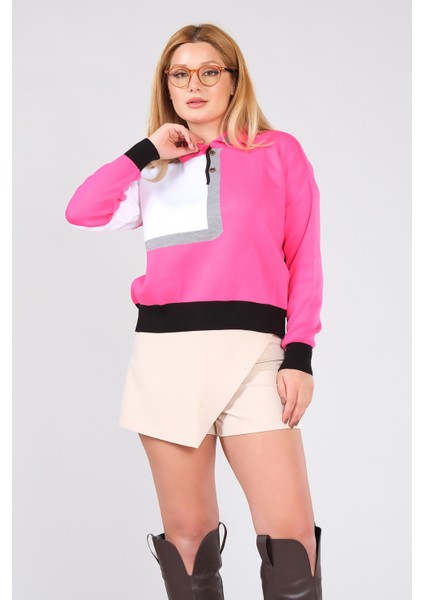 Kadın Polo Yaka Çift Renk Oversize Kazak Fuşya