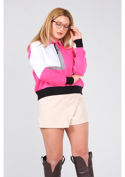Kadın Polo Yaka Çift Renk Oversize Kazak Fuşya