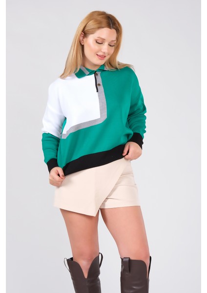 Kadın Polo Yaka Çift Renk Oversize Kazak Yeşil
