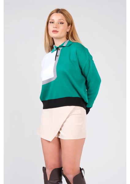 Kadın Polo Yaka Çift Renk Oversize Kazak Yeşil