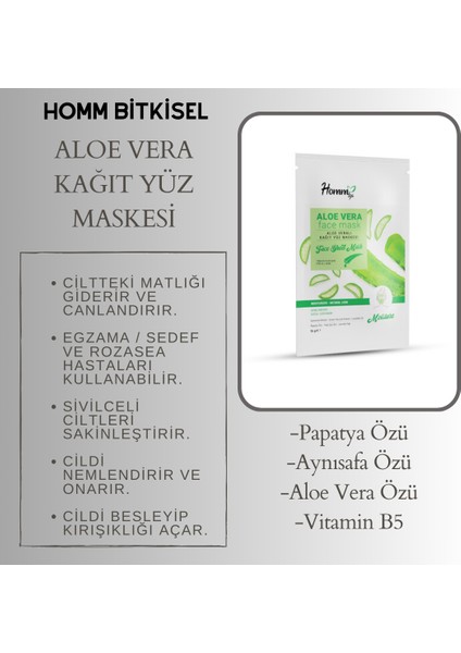 Homm Lıfe Aloe Vera Kağıt Yüz Maskesi (Yatıştırıcı ve Onarıcı) fiyatları
