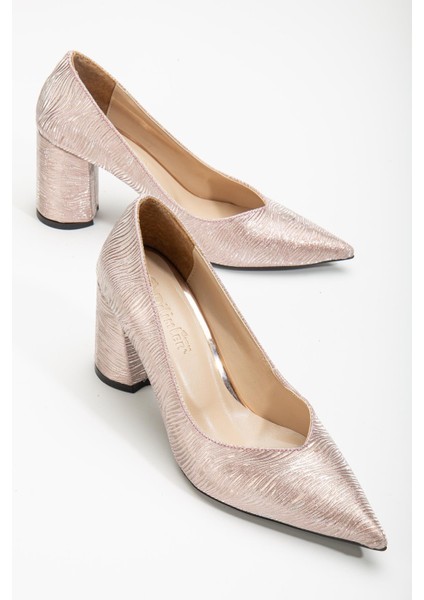 Simetrik Kesim Parlak Pudra Kalın Topuk Stiletto