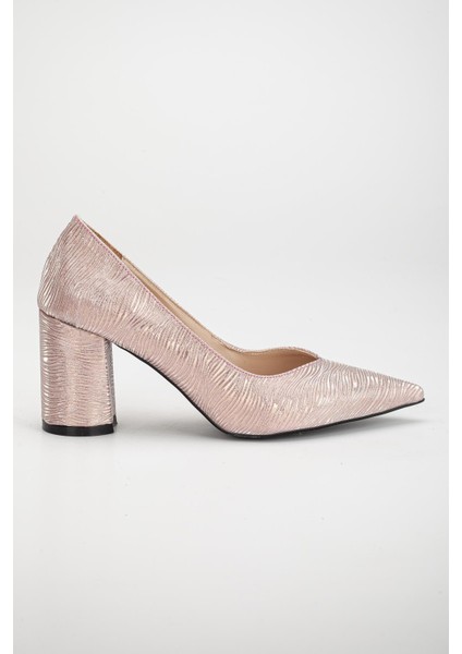 Simetrik Kesim Parlak Pudra Kalın Topuk Stiletto