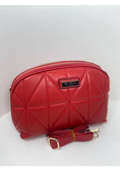 Kırmızı Kadın Yumuşak Deri Kapitone Gold Çift Fermuarlı Spor Şık Çapraz Kadın Omuz Çantası